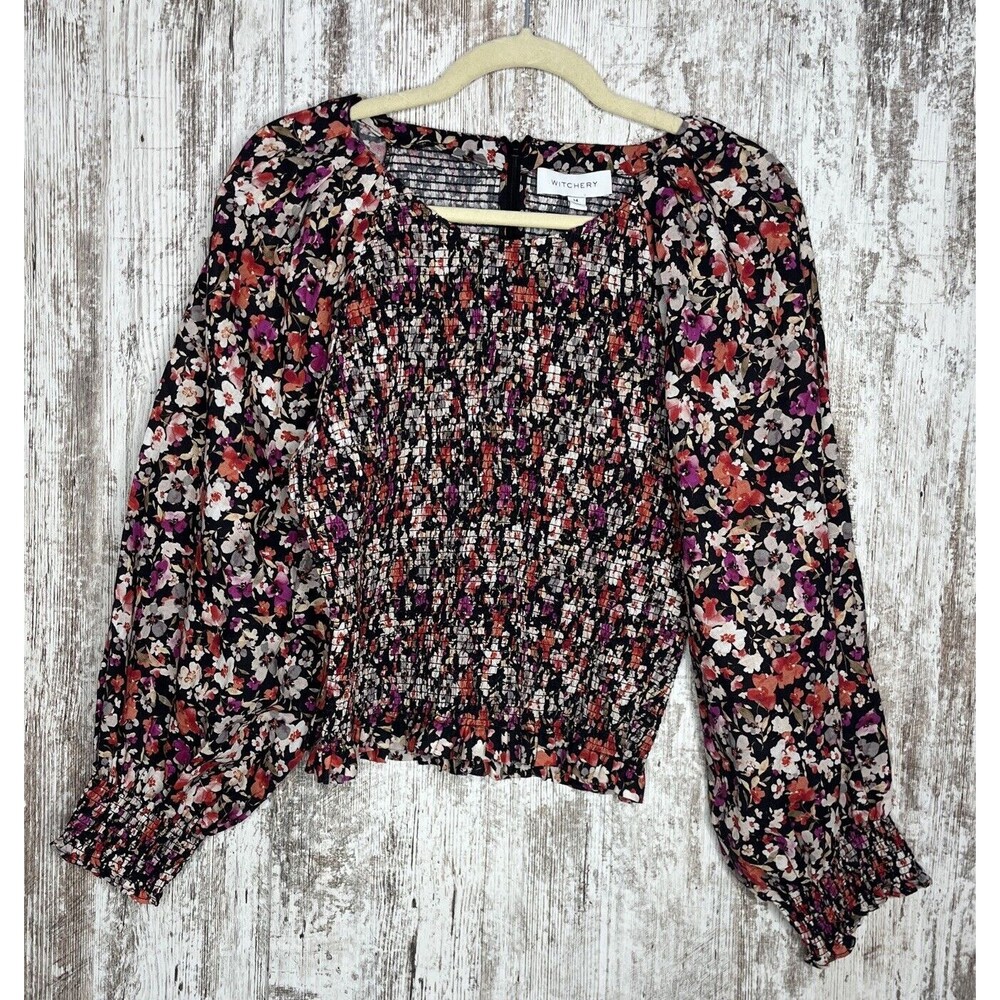 Witchery Blouse Womens 14  Black Floral Balloon Sleeve Pleated Gathered Stretch